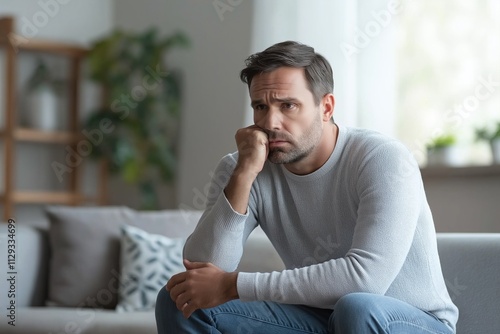 A man is sitting on a couch and looking down. He is wearing a gray sweater and blue jeans