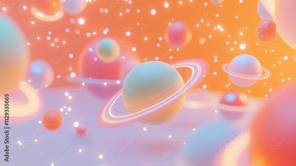 Vibrant minimalistic 3D space render featuring floating glowing rings around bright planets in a cosmic nebula filled with radiant stars and soft gradients Vibrant minimalistic 3D space render featuring floating glowing rings around bright planets in a cosmic nebula filled with radiant stars and soft gradients