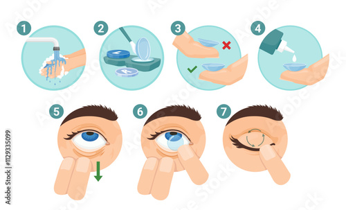 How to put in contact lenses step scheme with arrow poster vector flat illustration