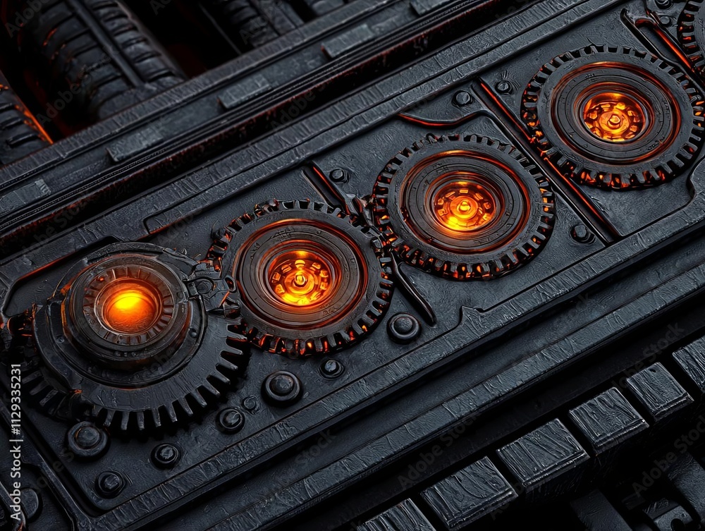 Close-up view of intricate gears with glowing orange lights in a dark mechanical setting. Close-up view of intricate gears with glowing orange lights in a dark mechanical setting.