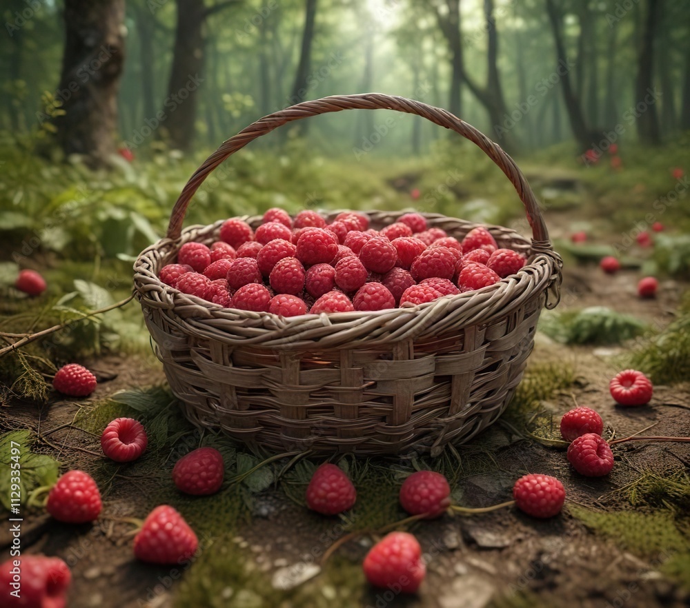 A basket filled with ripe red raspberries lies on the forest ground, ripe fruit, berries, red raspberries A basket filled with ripe red raspberries lies on the forest ground, ripe fruit, berries, red raspberries