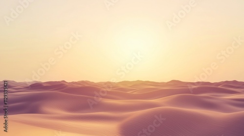 Warm sunlight illuminating expansive sand dunes across a vast desert landscape during golden hour, creating a beautiful and serene atmosphere filled with tranquility and soft colors