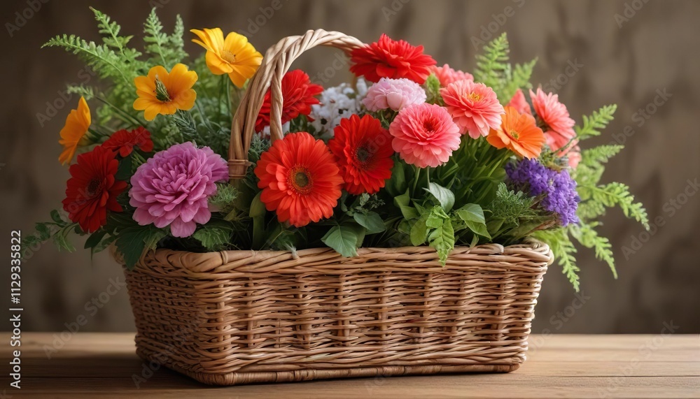 A beautiful arrangement of ornaments and flowers in a wicker basket with a natural fiber base, basket, earthy, organic A beautiful arrangement of ornaments and flowers in a wicker basket with a natural fiber base, basket, earthy, organic