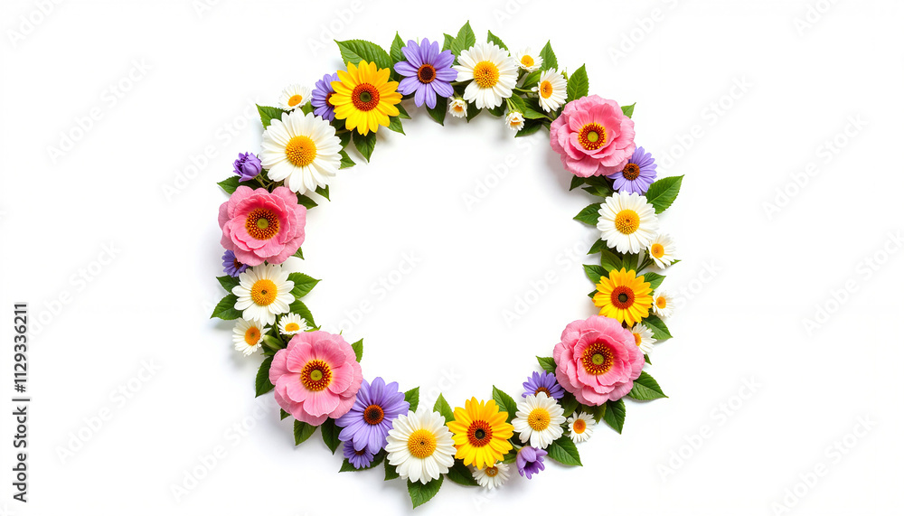 Beautiful floral wreath made of mixed spring flowers with a blank space for text on a white background Beautiful floral wreath made of mixed spring flowers with a blank space for text on a white background