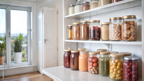 Well-organized pantry shelves filled with assorted glass jars containing dry goods and preserves