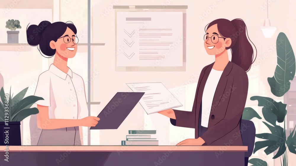 Woman gives report to happy coworker at office desk Woman gives report to happy coworker at office desk