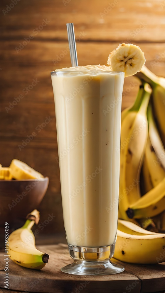 Banana smoothie in a glass with slices of banana on top and a straw, sitting on a wooden table Banana smoothie in a glass with slices of banana on top and a straw, sitting on a wooden table