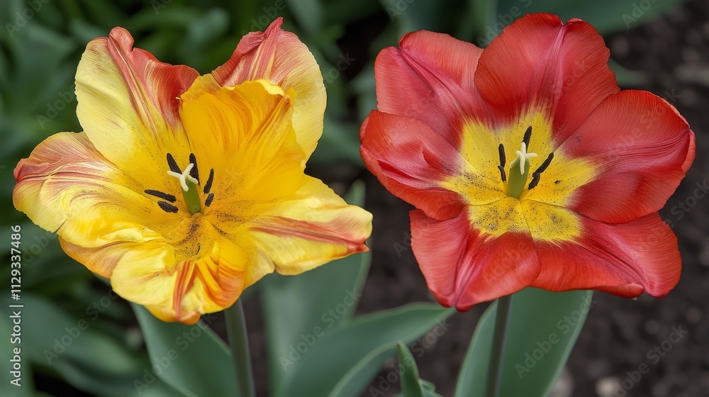 Two tulips bloom in spring park. Two tulips bloom in spring park.