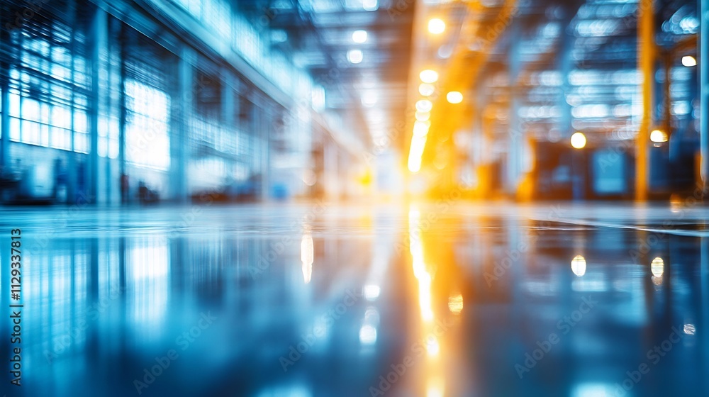 Fototapeta premium Abstract Industrial Factory Interior with Blurred Background and Reflective Floor