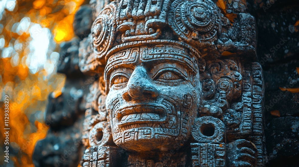 Closeup of a Mayan stone carving depicting their gods the textures of the rock weathered with time but the details still sharp and divine Closeup of a Mayan stone carving depicting their gods the textures of the rock weathered with time but the details still sharp and divine