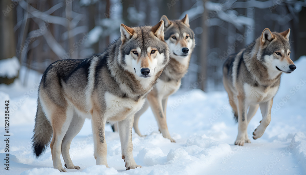 Naklejka premium Three wolves standing alertly in snow-covered forest during a peaceful winter day