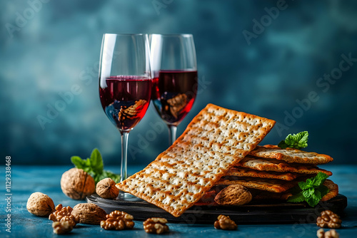 Passover celebration theme. Matzah, red kosher wine, and walnuts. Traditional Jewish ritual bread on a blue background. Passover cuisine. Pesach Jewish festival.4k image photo