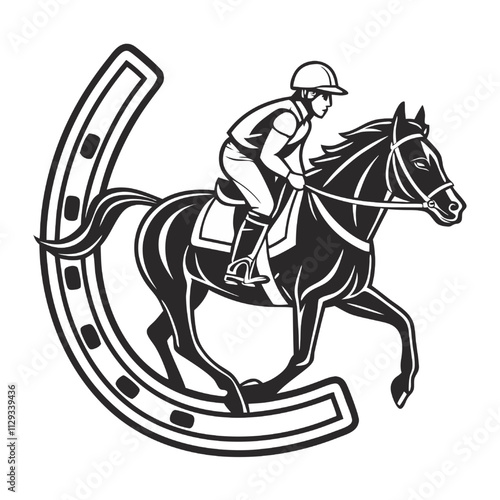 Jockey and Horse with Horseshoe: A bold and graphic illustration of a jockey riding a horse, framed by a large horseshoe. The image evokes the spirit of racing, luck, and the thrill of competition. 