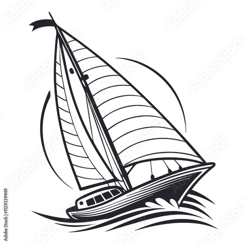 Sailing into the Horizon: A stylized black and white illustration of a sailboat gracefully gliding across the waves, capturing the essence of adventure and freedom. 