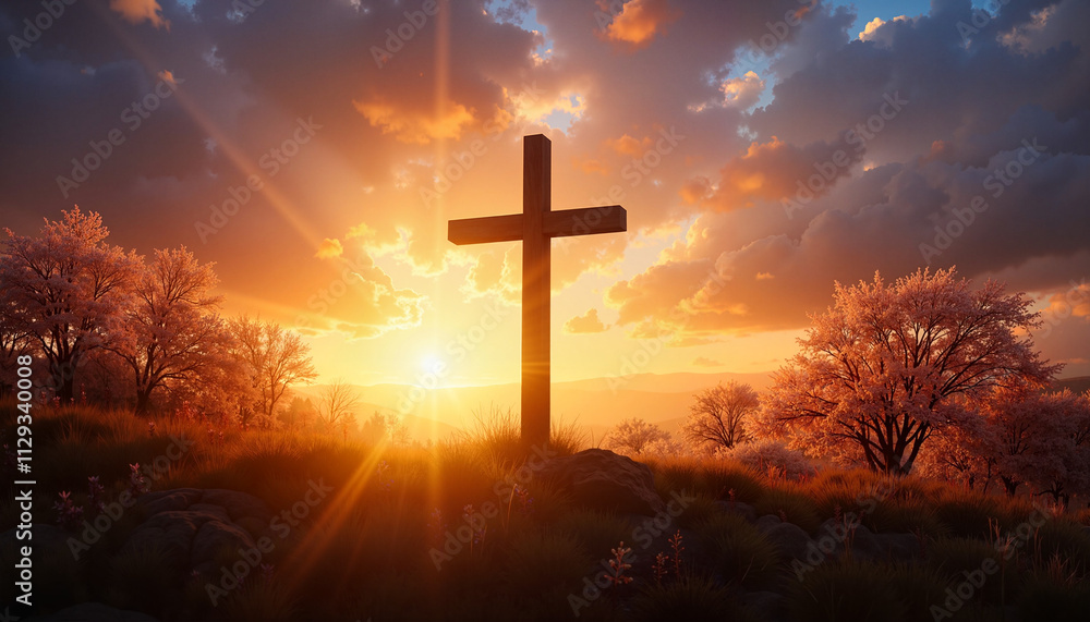 Cross at dawn. The silhouette of a cross against the background of the rising sun, surrounded by blossoming trees, symbolizing hope and new life. Cross at dawn. The silhouette of a cross against the background of the rising sun, surrounded by blossoming trees, symbolizing hope and new life.