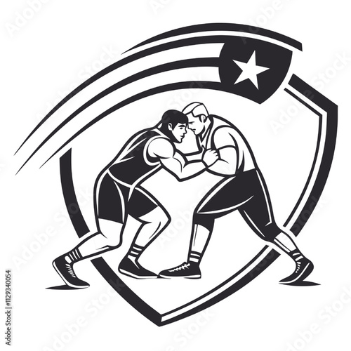 Wrestling Match Emblem: Two powerful wrestlers locked in intense combat, encapsulated within a dynamic shield emblem, symbolizing strength, competition, and the pursuit of victory.  