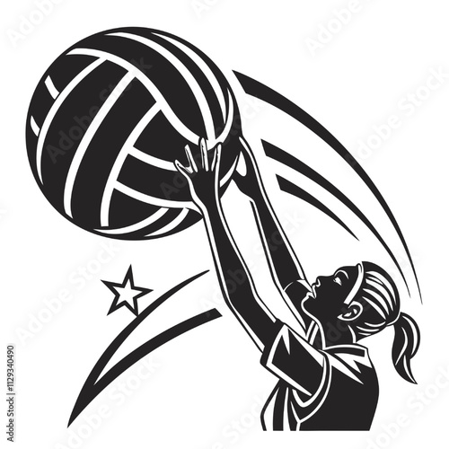 Vector Volleyball Power:Dynamic vector illustration of a female volleyball player executing a powerful serve, her determination and skill captured in a stylized black and white graphic. 