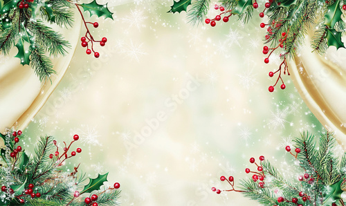 Merry Christmas concept fir tree leaves and branches decoration on light peach fuzz background