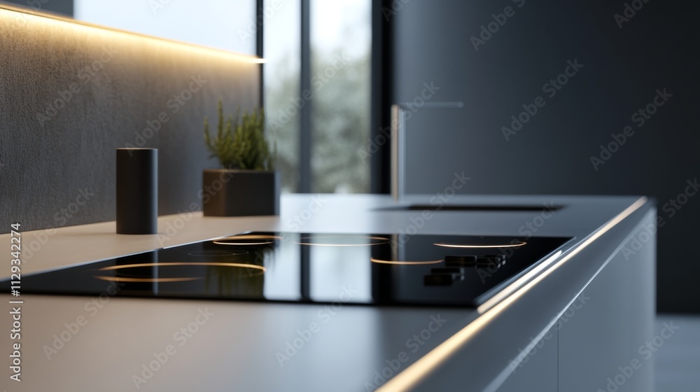 Modern Kitchen Design with Sleek Cooktop and Stylish Lighting Modern Kitchen Design with Sleek Cooktop and Stylish Lighting