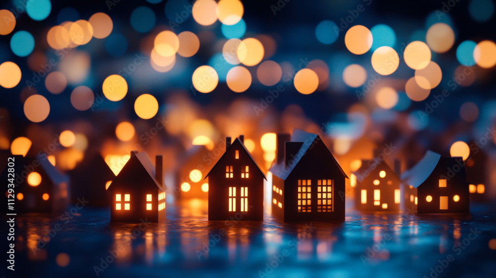 Small houses with glowing windows against a colorful bokeh background at night Small houses with glowing windows against a colorful bokeh background at night