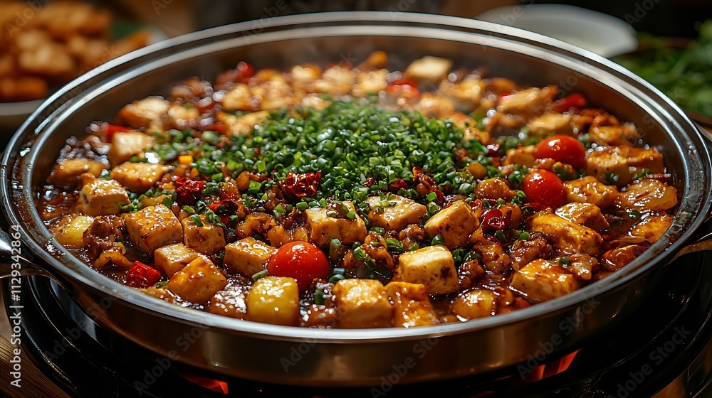 Closeup of a traditional Chinese hotpot filled with vegetables meat and tofu served during a Chinese New Year family meal Closeup of a traditional Chinese hotpot filled with vegetables meat and tofu served during a Chinese New Year family meal
