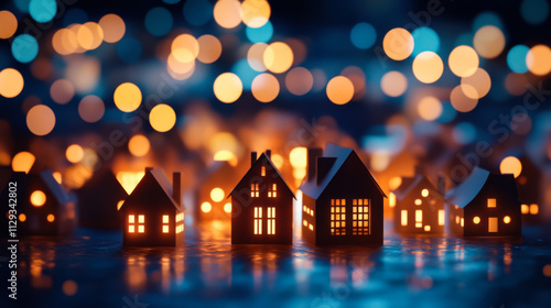 Small houses with glowing windows against a colorful bokeh background at night