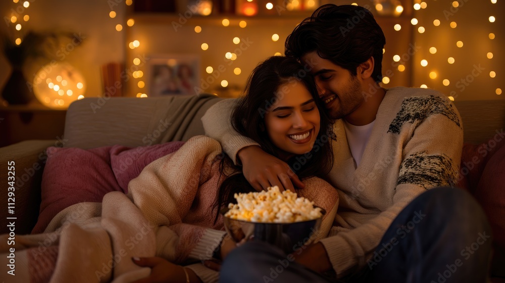 Modern young Indian couple holding each other closely, sharing a heartfelt moment during a cozy movie night Modern young Indian couple holding each other closely, sharing a heartfelt moment during a cozy movie night