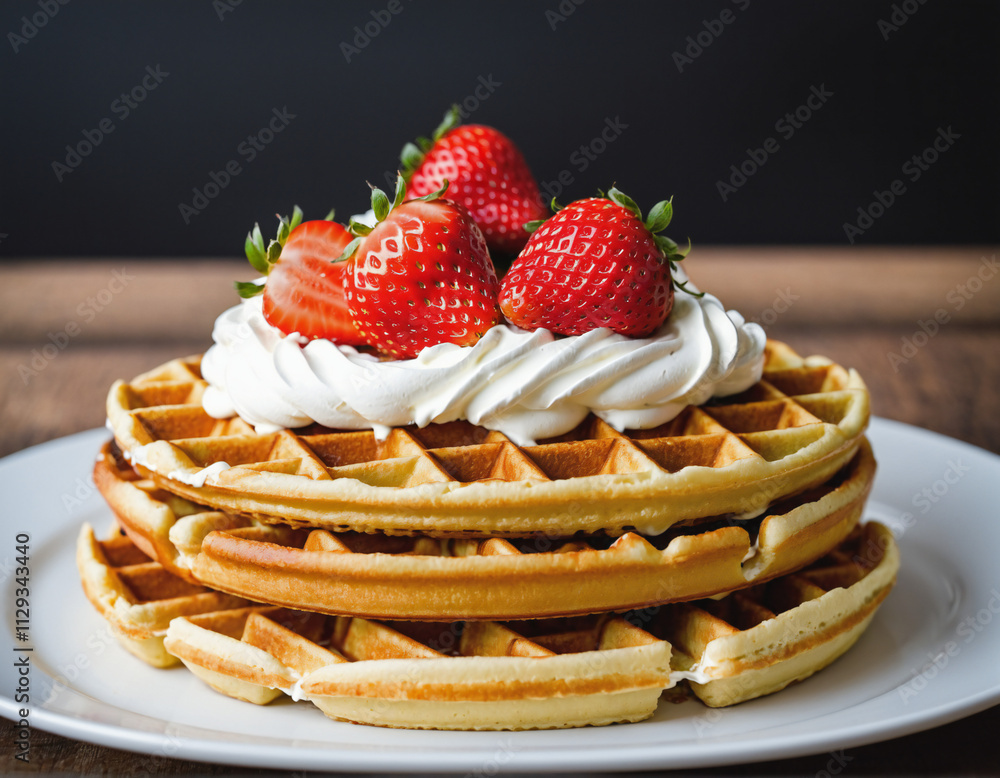Golden-Brown Waffles with Whipped Cream and Strawberries on White Plate Golden-Brown Waffles with Whipped Cream and Strawberries on White Plate