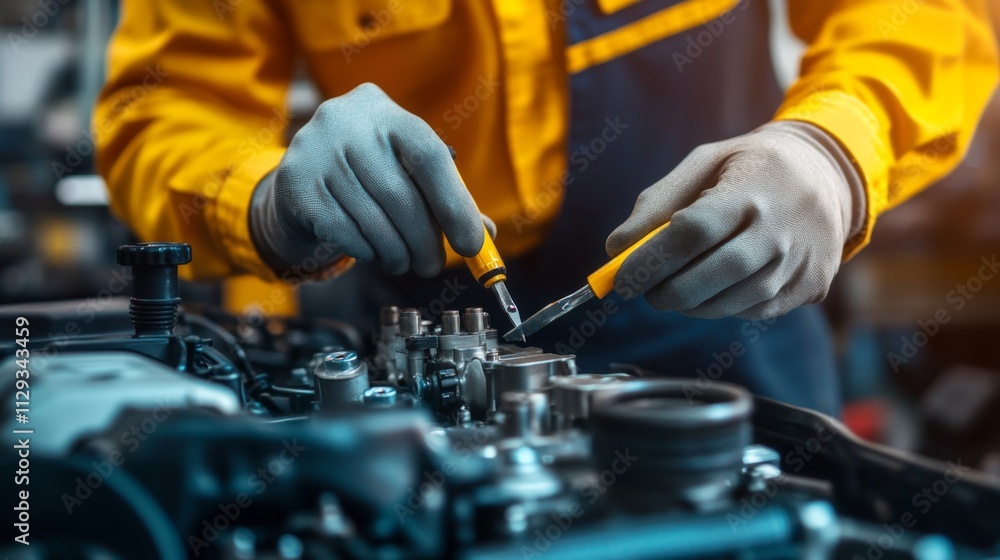 Expert Mechanic Working on a Car Engine Expert Mechanic Working on a Car Engine