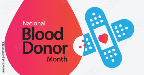 Blood Donor Awareness Month Promotional Poster. Community health support. Blue bandage/band-aid symbol with white dots. Vector graphic illustration.