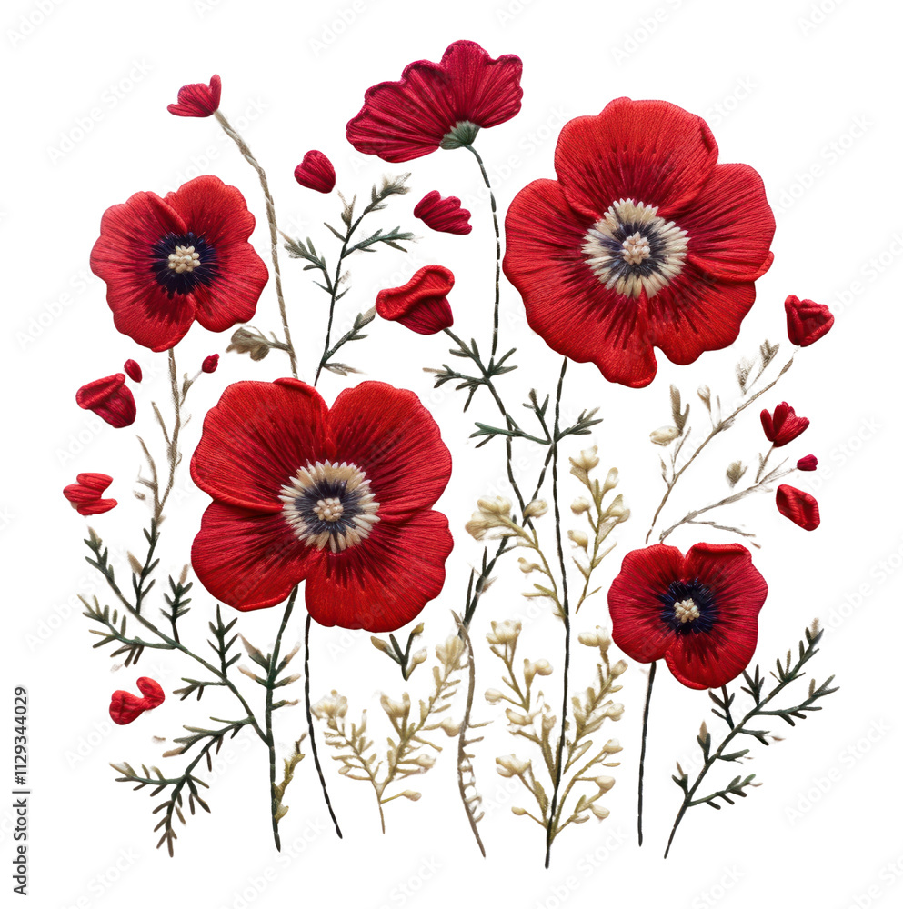 Fototapeta premium PNG Red embroidery style wildflower pattern.
