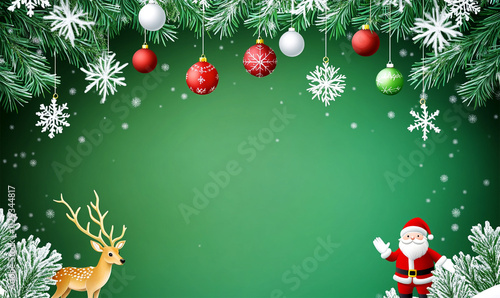 Merry Christmas concept fir tree leaves and hanging balls decoration on light green background