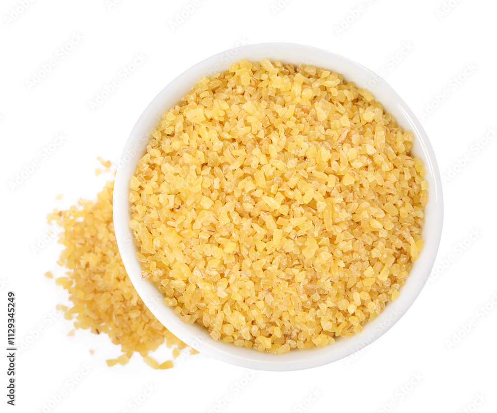 Raw bulgur in bowl isolated on white, top view Raw bulgur in bowl isolated on white, top view