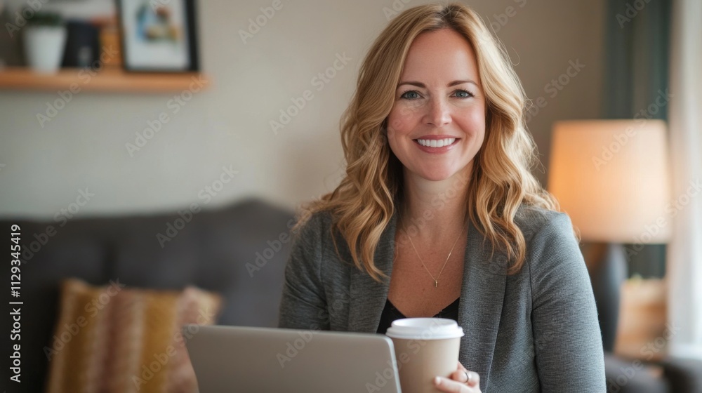 Smiling Woman Working on Laptop with Coffee Smiling Woman Working on Laptop with Coffee