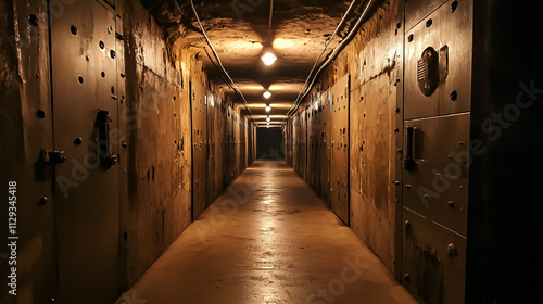 A massive underground bunker with concrete walls, dim lights, and long corridors leading into darkness.