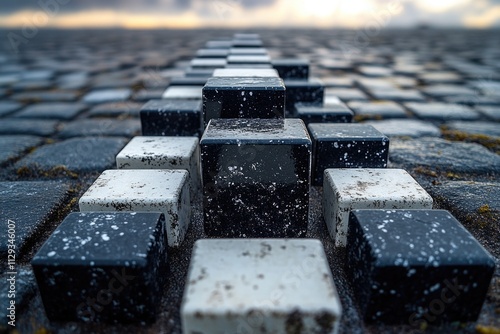 A collection of black and white blocks situated on a stone floor, providing a simple yet striking visual arrangement photo