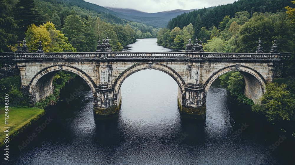 Fototapeta premium A medieval stone bridge crossing a wide river, with elegant arches and detailed carvings along the structure.