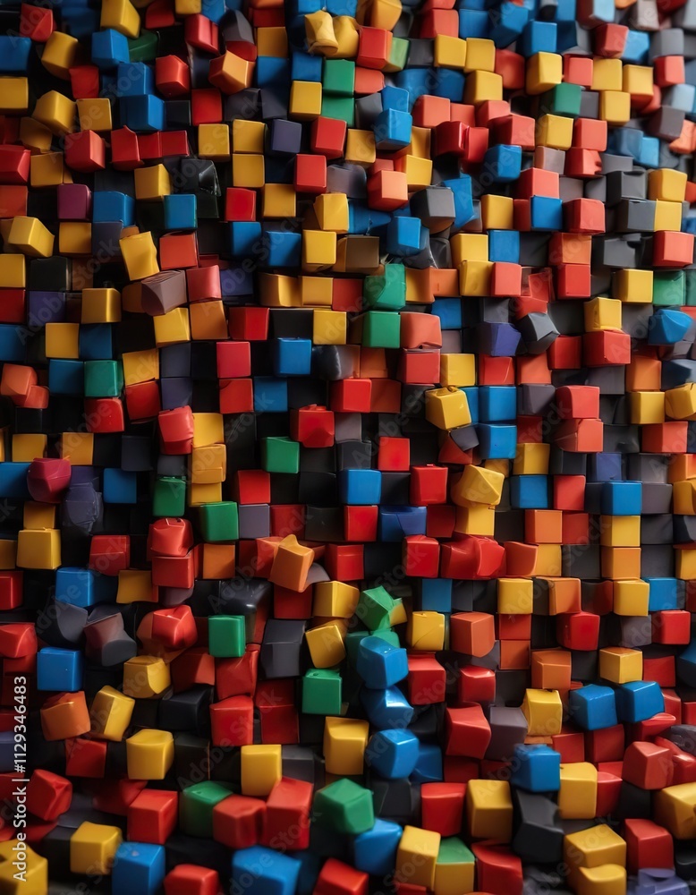 A multicolored pile of building blocks with contrasting hues on a black canvas, canvas, geometric shapes A multicolored pile of building blocks with contrasting hues on a black canvas, canvas, geometric shapes