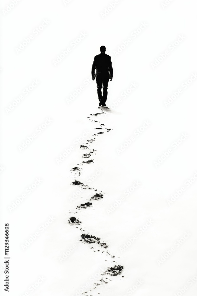Silhouette walks away, footprints trail behind. Silhouette walks away, footprints trail behind.