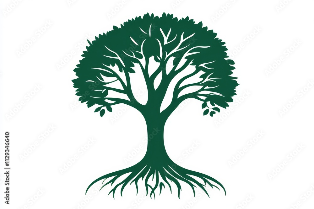 Dark green stylized tree illustration with visible roots and leaves on white background. Dark green stylized tree illustration with visible roots and leaves on white background.