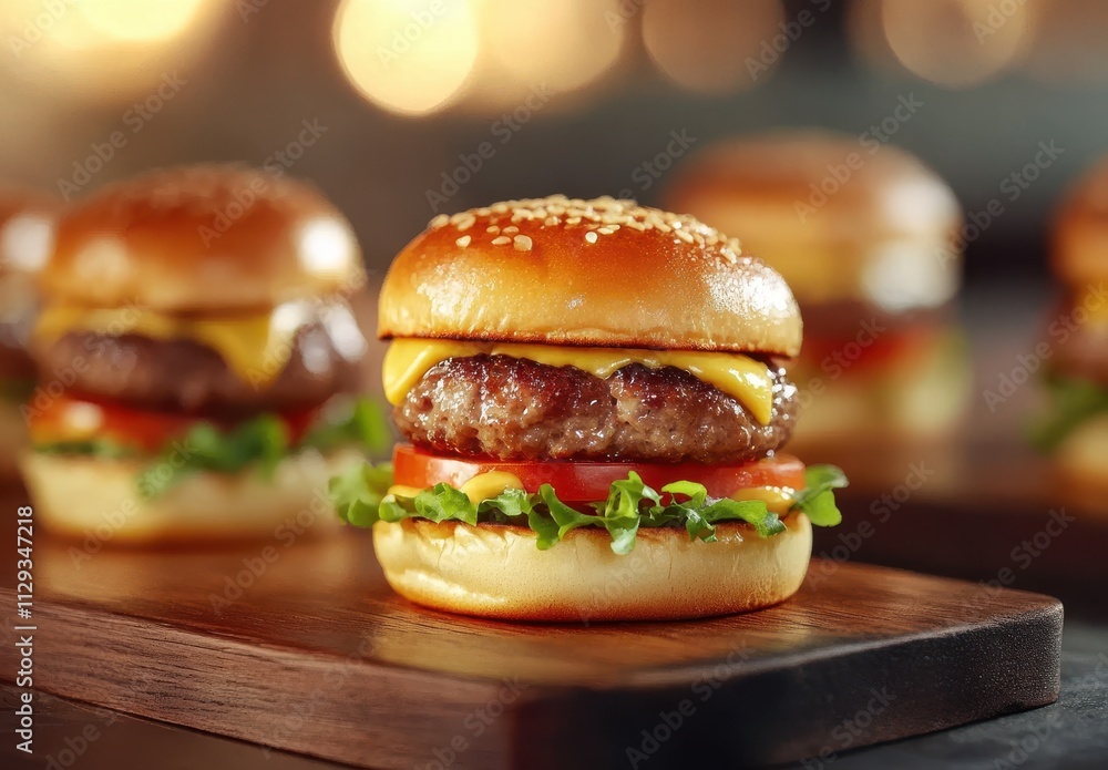 Deliciously Crafted Cheeseburger with Fresh Vegetables on a Wooden Board Ideal for Gourmet Food Photography and Culinary Marketing Deliciously Crafted Cheeseburger with Fresh Vegetables on a Wooden Board Ideal for Gourmet Food Photography and Culinary Marketing