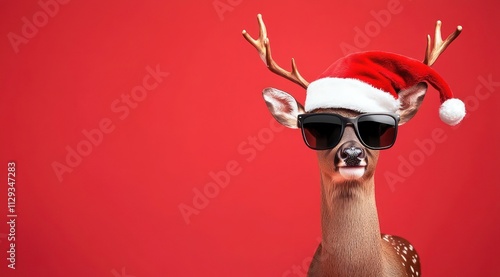 Un daim portant un bonnet de Père Noël et des lunettes de soleil, isolé sur un fond rouge, concept pour repas de Noël et du nouvel an, image avec espace pour texte. photo