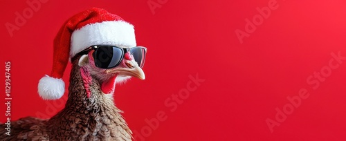 Une dinde drôle portant un bonnet de Père Noël et des lunettes de soleil, isolé sur un fond rouge, concept pour repas de Noël et du nouvel an, image avec espace pour texte. photo