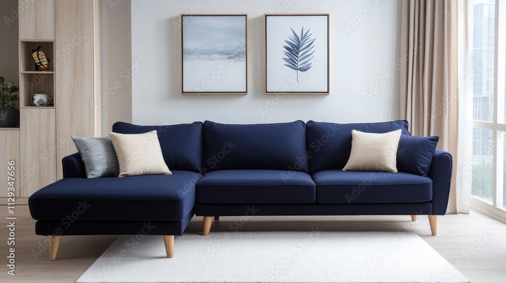 Navy blue sectional sofa in modern living room. (1) Navy blue sectional sofa in modern living room. (1)