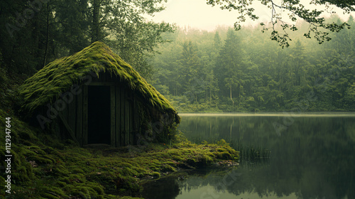 A moss-covered hut near a silent lake, its door creaked open and shadows lingering just beyond. photo