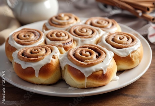 A plate of warm cinnamon rolls with a drizzle of sweet icing, wintery delight, sweet icing