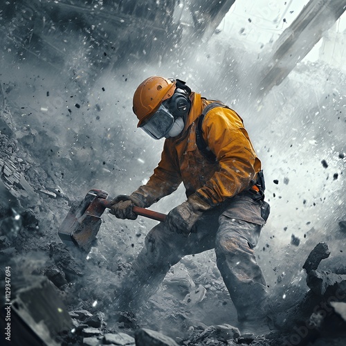 A worker in safety gear handling a jackhammer at a construction site