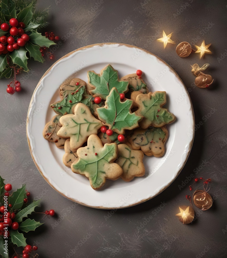 A plate of Christmas cookies with festive holly leaves, holly, holiday, baking A plate of Christmas cookies with festive holly leaves, holly, holiday, baking