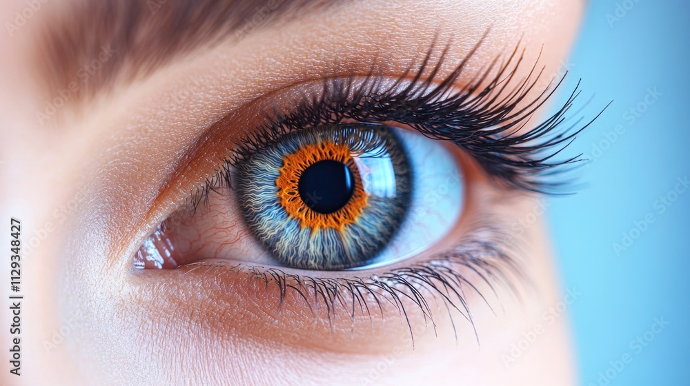 A detailed view of an eye with a bright blue background, suitable for use in medical or psychological contexts A detailed view of an eye with a bright blue background, suitable for use in medical or psychological contexts