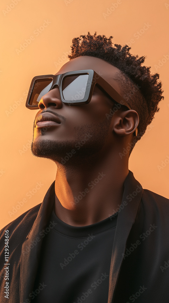 African american man with stylish sunglasses looking up against orange background African american man with stylish sunglasses looking up against orange background